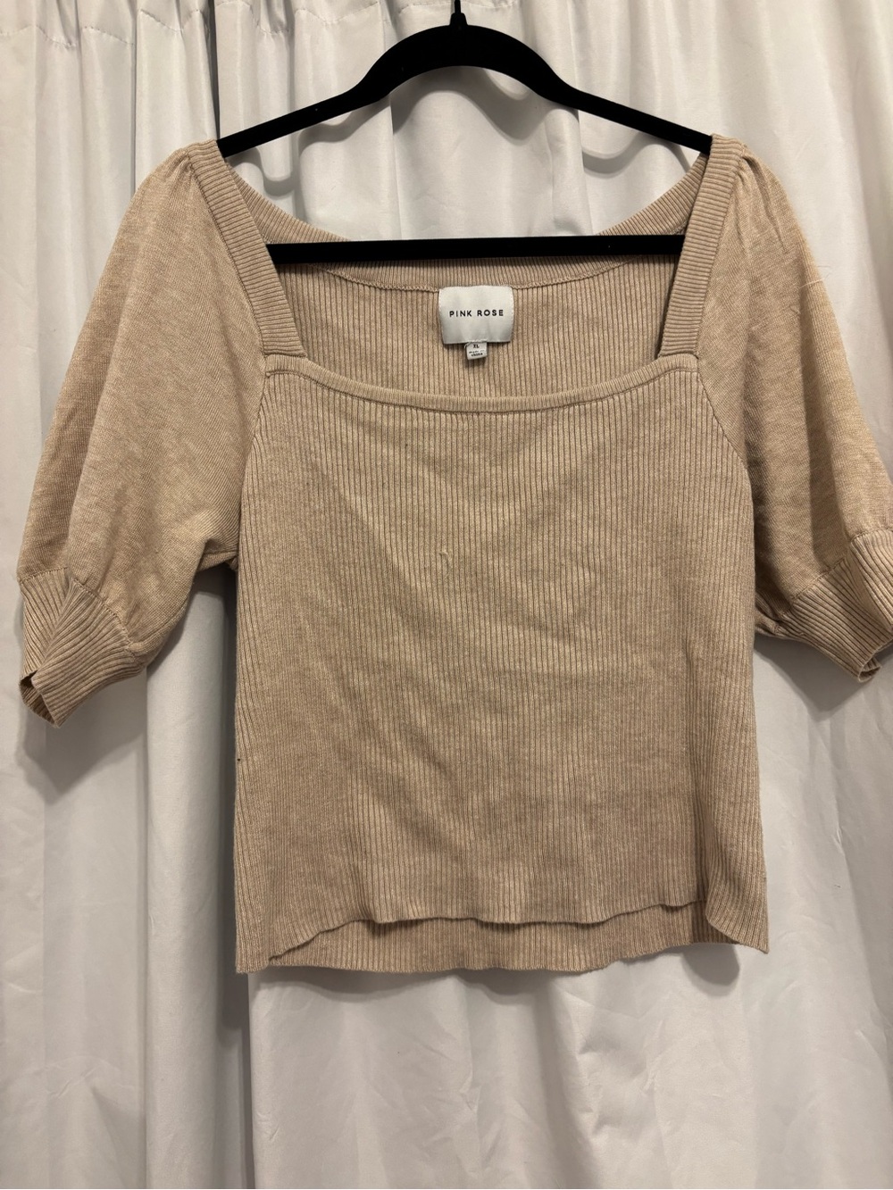 Pink Rose Neutral Beige Ribbed Square Neck Top